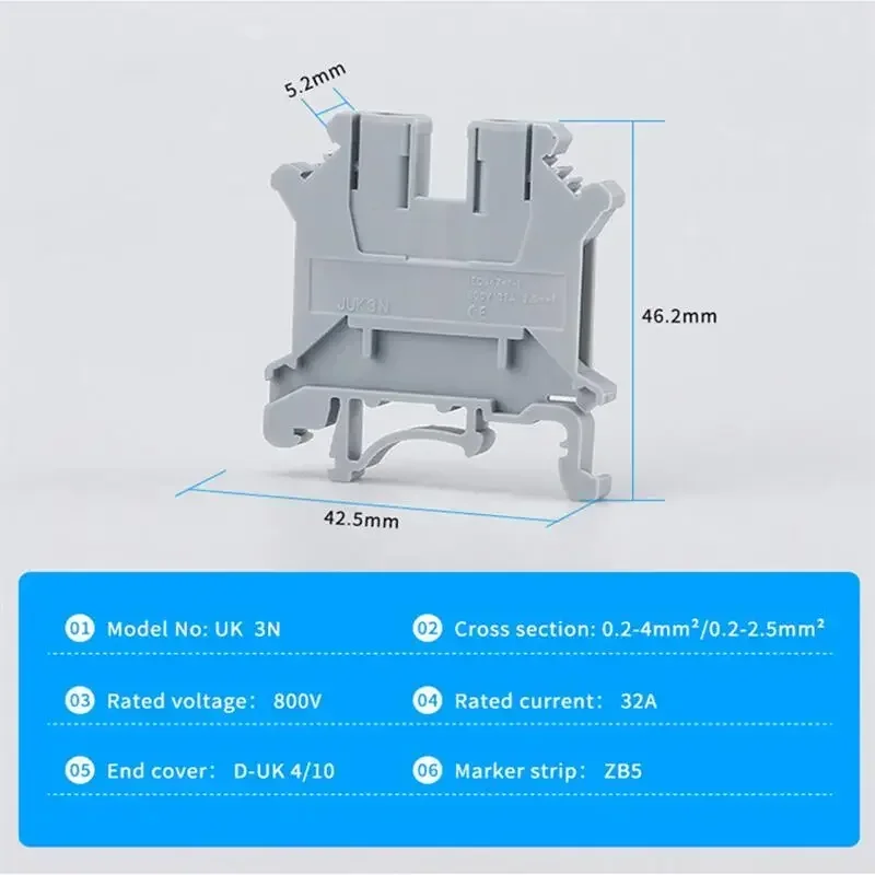 10Pcs UK-3N Din Rail Terminal Block Universal Conductor Screw Connection Electrical Terminal Strip Block Connector UK3N