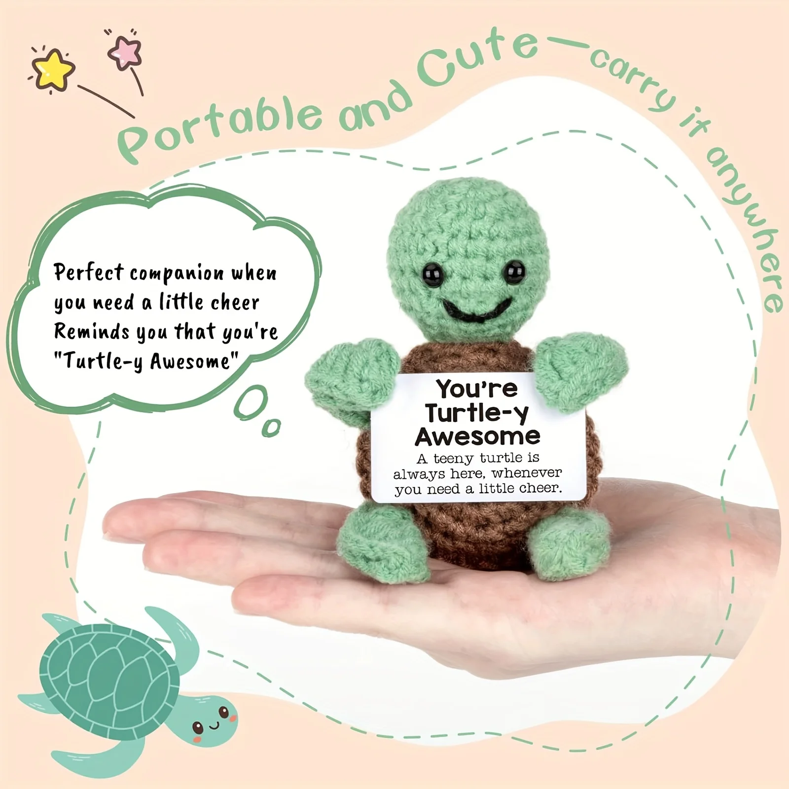 حيوانات كروشيه مصنوعة يدويًا أشياء لطيفة، هدايا ملهمة للنساء والرجال هدايا عيد ميلاد، سلحفاة تحفيزية عاطفية