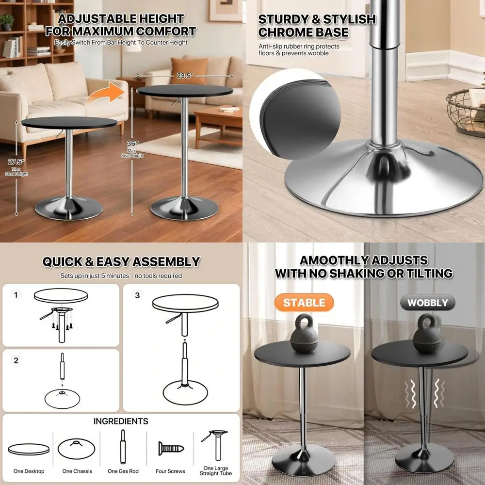 

Adjustable Height Round Swivel Pub Table, 27.5-36 Range, 360° Rotation, Dining or Cocktail, Black