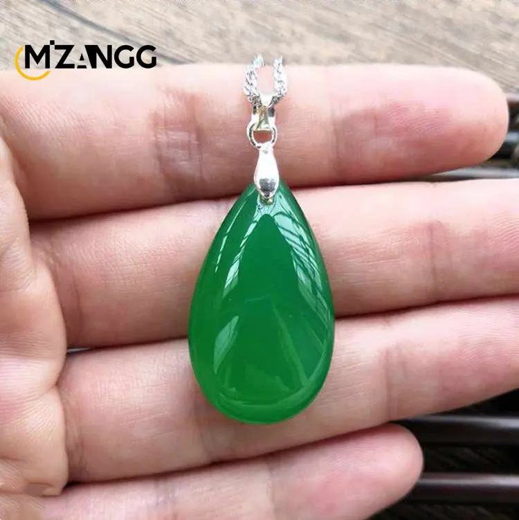 Natural White Green Agate Chalcedony Jade Water Drop Pendant  925 Silver Necklace Fashion Charm Jewelry Carved Amulet Women Men