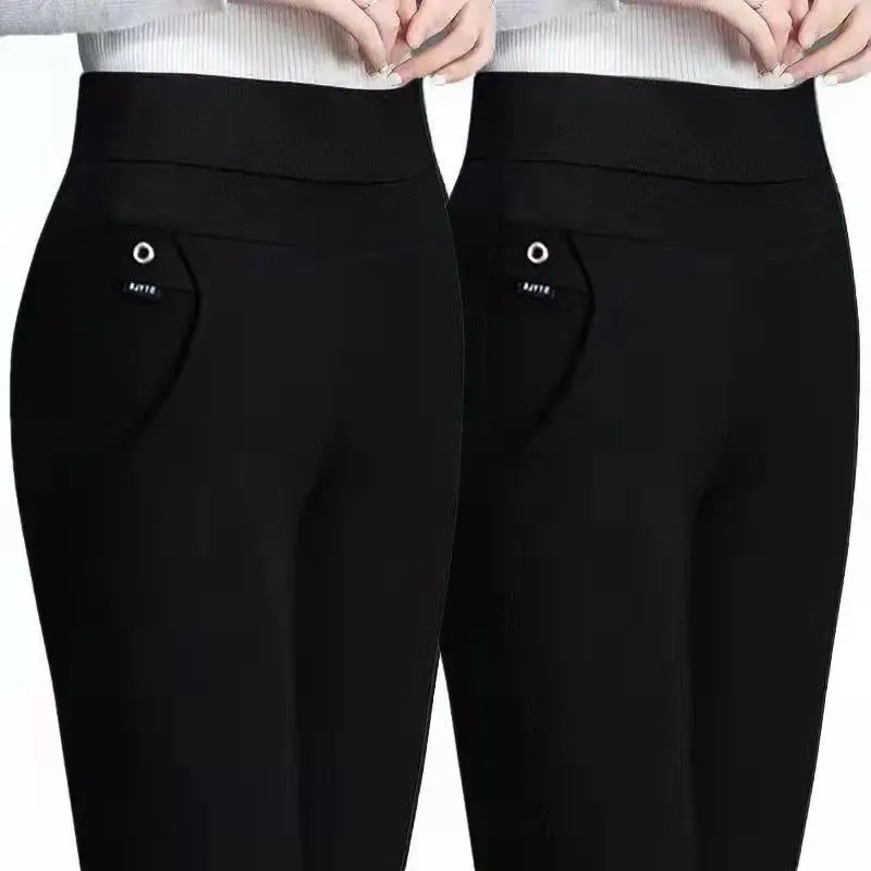 Calça reta feminina coreana, faixa elástica feminina, cintura alta, calça elegante, monocromática, tamanho grande, 5XL, senhora do escritório, outono, 2023