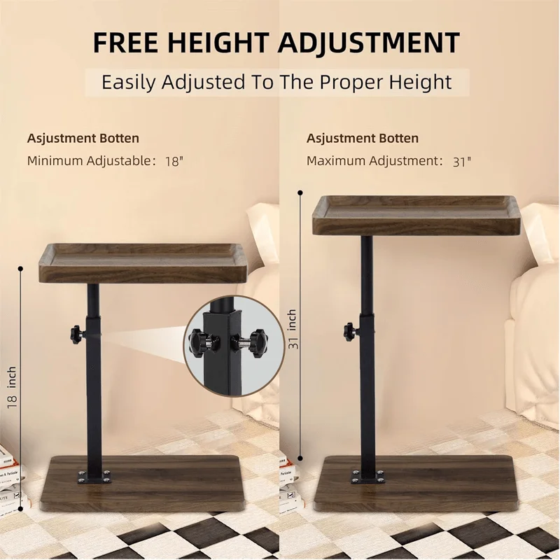 End Table Adjustable Height 360 Swivel TV Tray Couch Tables That Slide Under, Side Tables with Wheels For Sofa Bed Chair Snack