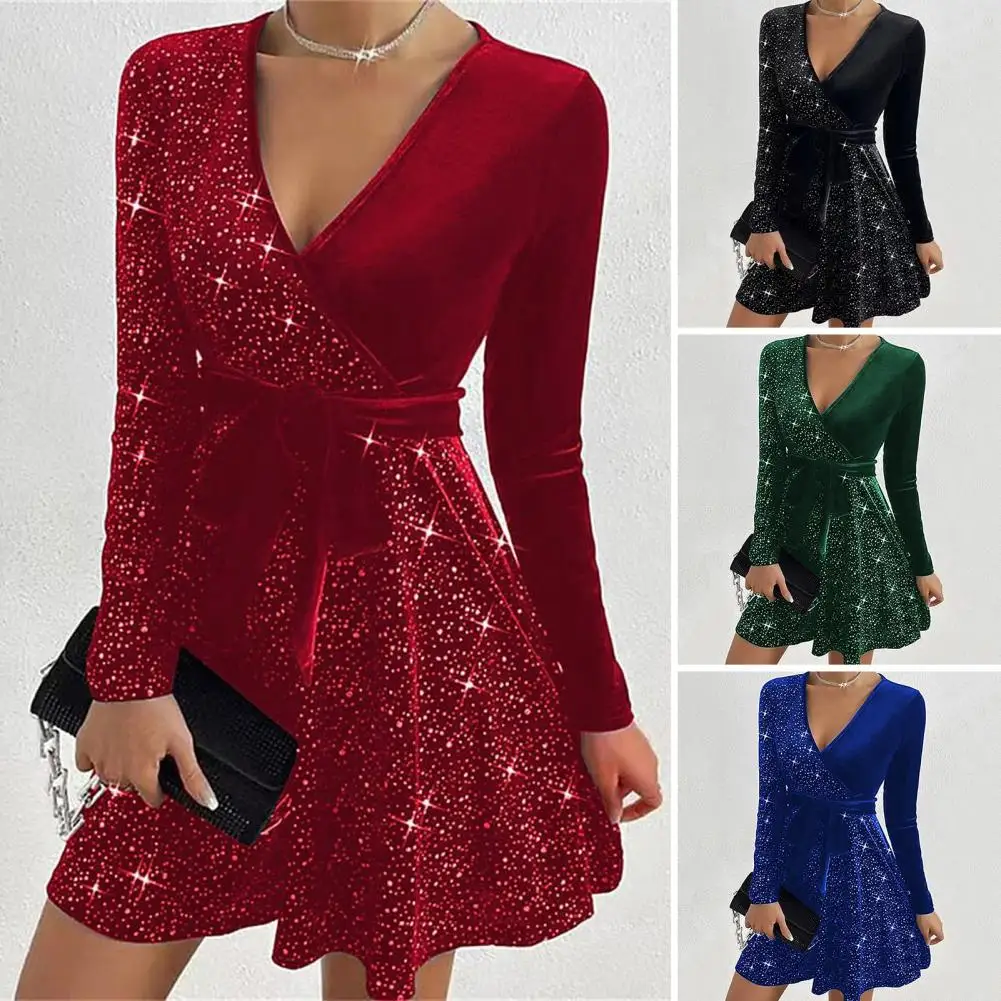 

Fall Mini Dress Elegant V Neck Lace-up Sequin A-line Mini Dress for Women Fall Spring Prom Party Dress with Tight Waist Long