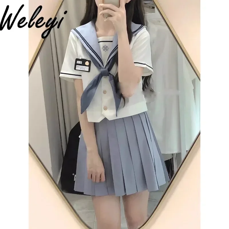 

Jirai Kei Japanese Navy Blue Stitching Uniform Orthodox Japanese Preppy Style Sailor School Uniform Short Long Sleeve Shirt Suit