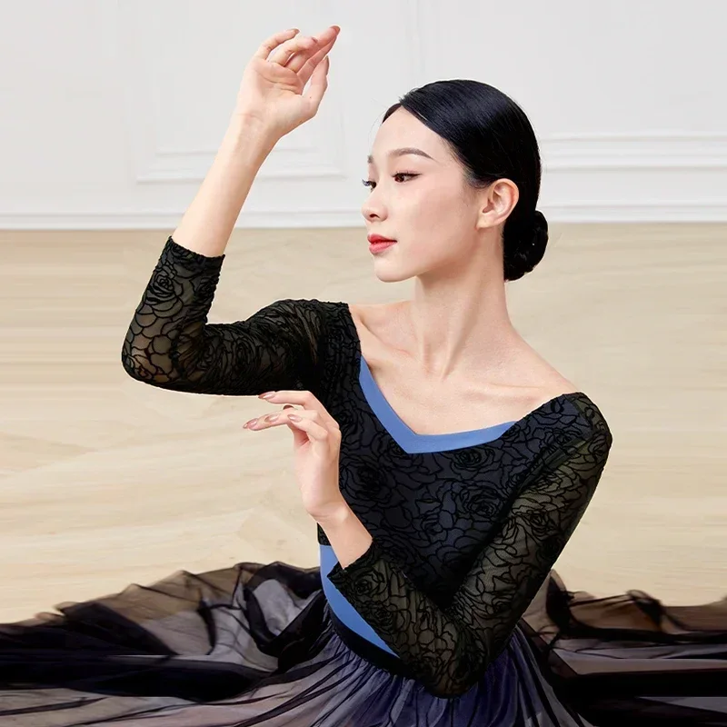 

Women Ballet Leotards Gymnastics Leotards Flocking Splice Dance Leotard Square Collar U Back Long Sleeves Nylon Dancing Bodysuit