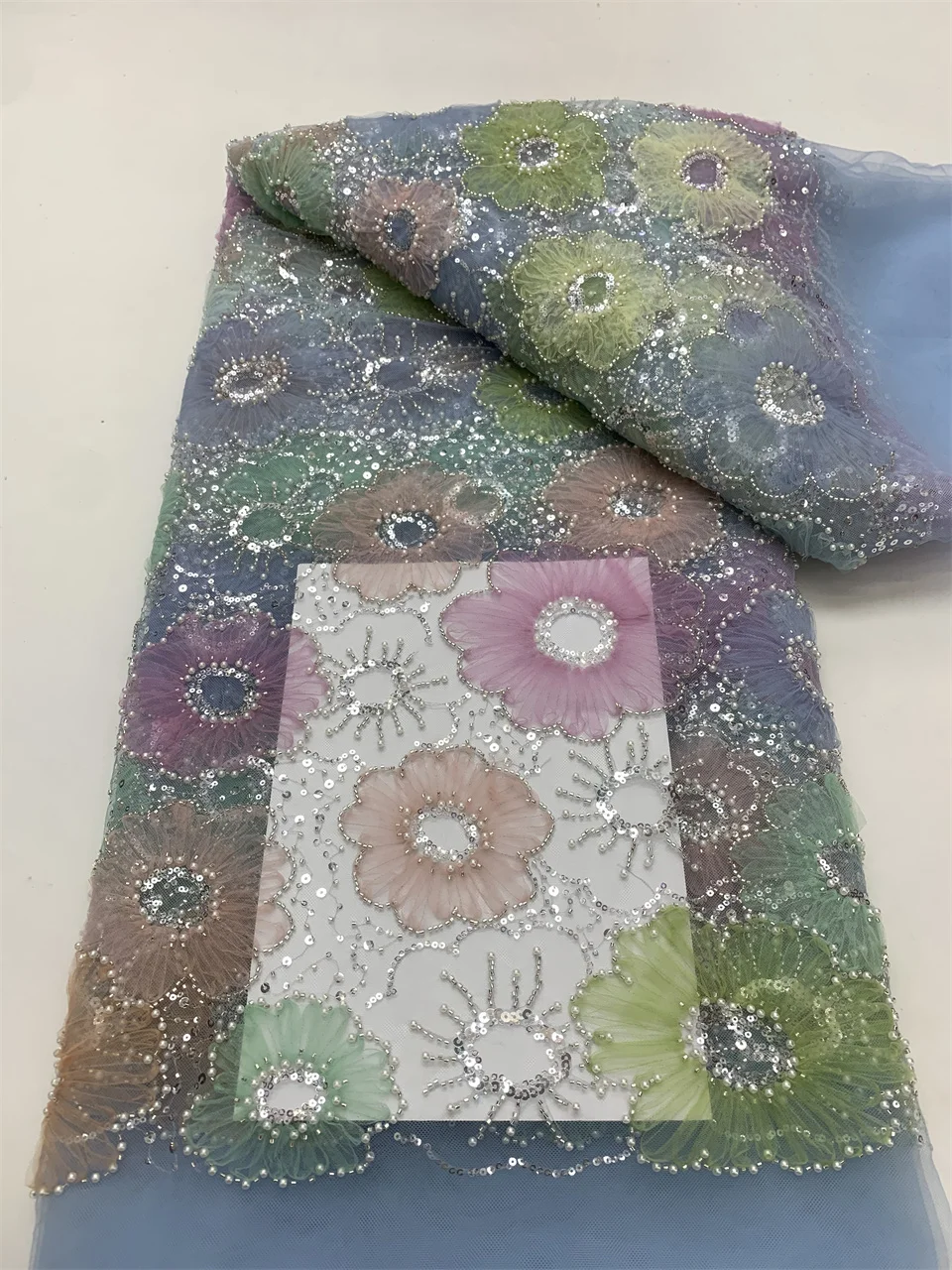 

2025 новейшая африканская кружевная ткань с 3D цветами для жениха, французская тюль, кружевная ткань, 5 ярдов, нигерийская ткань с блестками для праздничного платья