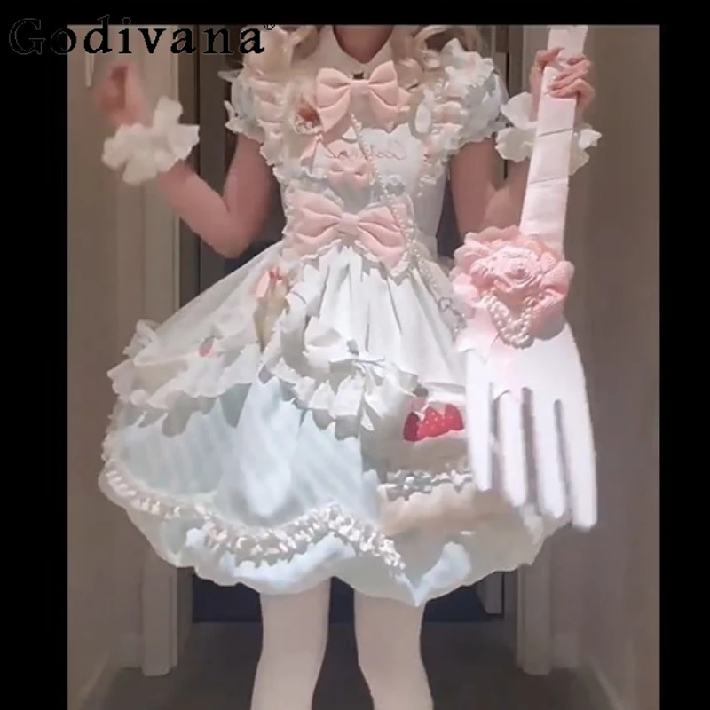 

Spring Summer Blue Cute Sweet Peter Pan Collar Lolita Apron Princess Dress Fashion High Waist A-line Age Reduction Fairy Dresses