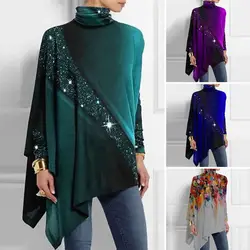 Women's Irregular Hem Blouse Pullover Autumn Winter Fashion Retro Long Sleeve T-Shirt Turtleneck Casual Loose Asymmetrical Top