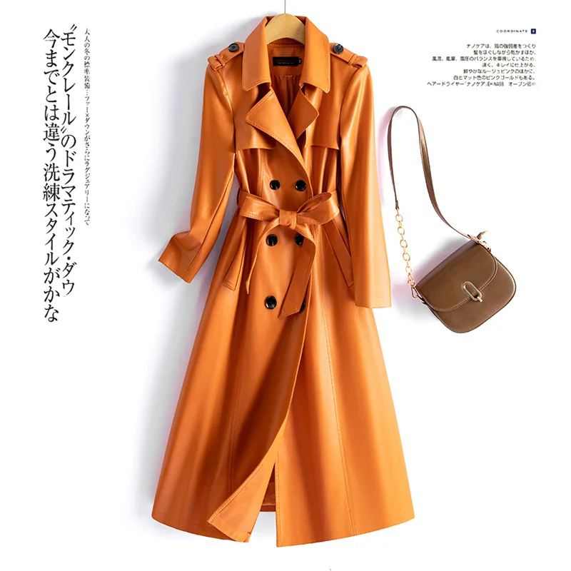 Elegant Pu Leather Women's Long Jacket Double Breasted Lace Up Solid Jackets Lady 2025 Autumn Winter Chic Female Outwears