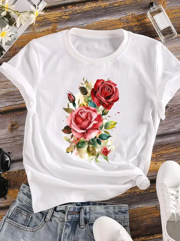 Camiseta de manga corta con estampado de flores para mujer, ropa