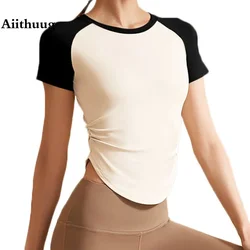 Aiithuug vita più sottile Quick Dry Yoga Shirt palestra camicie Yoga Crop Top vita dimagrante Top Fitnes Sport manica corta allenamento Top