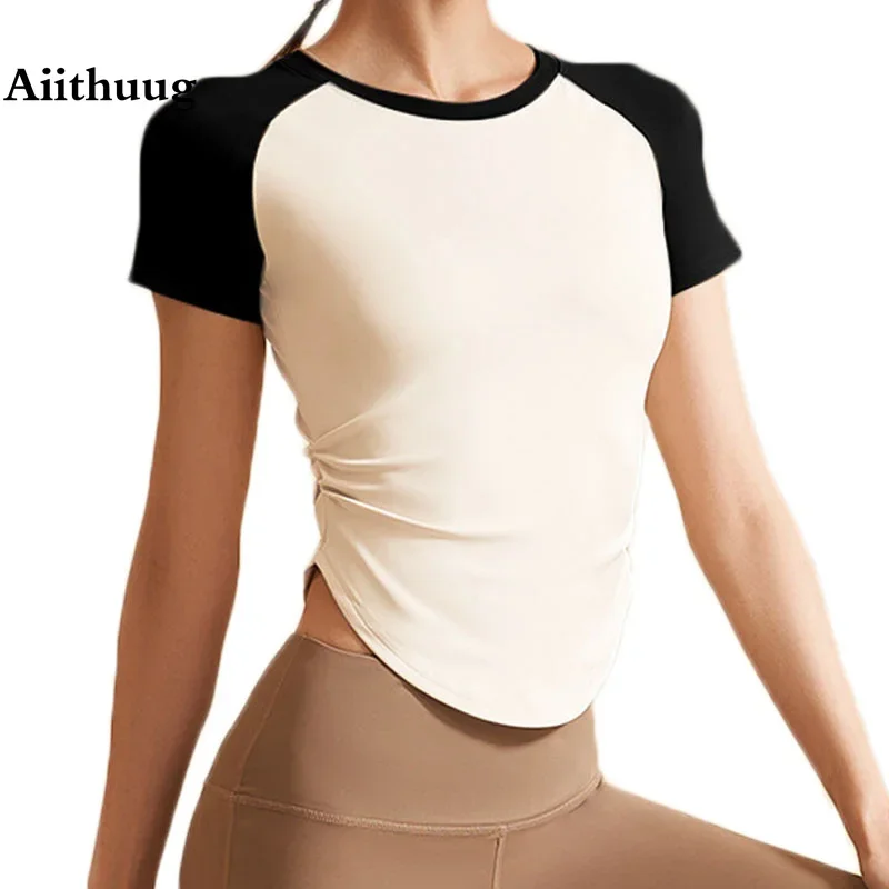 Aiithuug Waist Slimmer Quick Dry Yoga Shirt Gym Shirts Yoga Crop Top Waist Slimming Tops Fitnes Sport Short Sleeve Workout Top