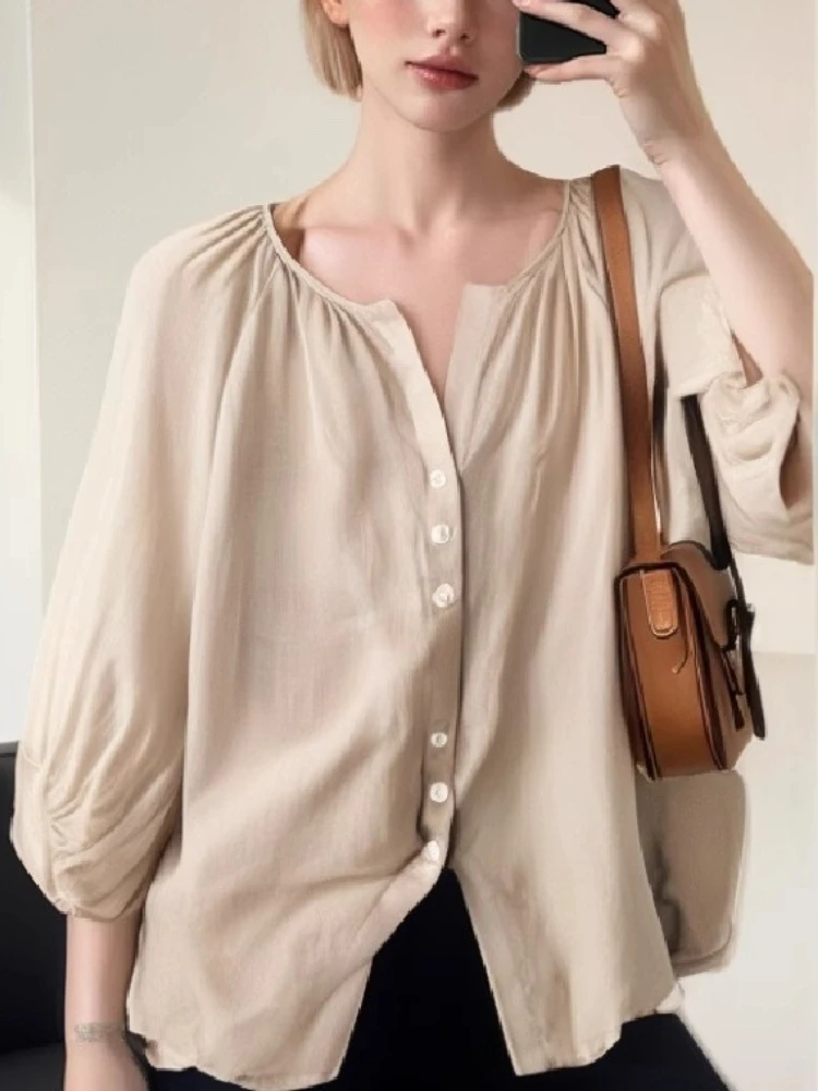 Femmes printemps été nouvelle mode grande taille littéraire rétro col en v décontracté haut ample nouvelle lanterne manches couleur unie chemise