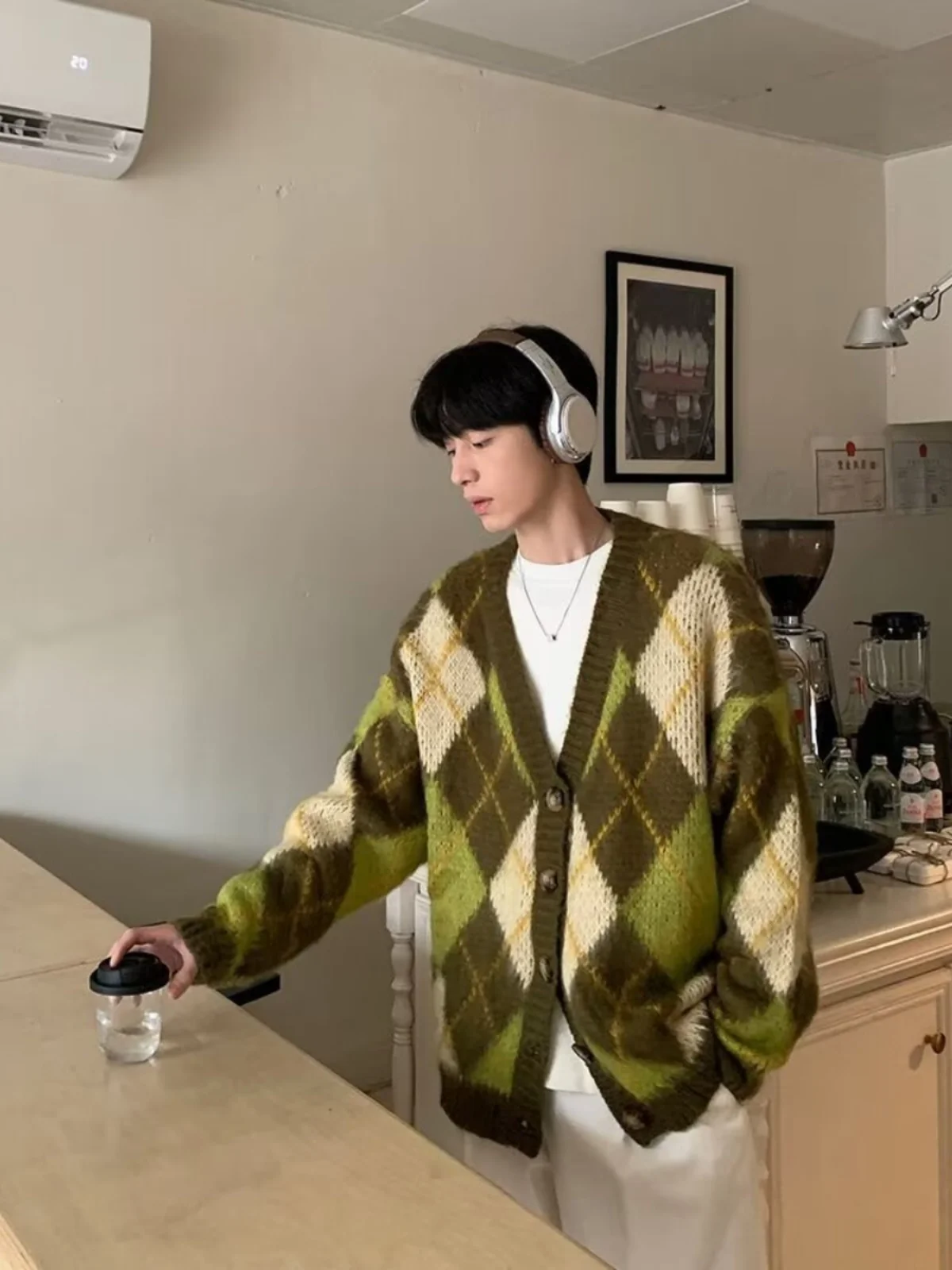 

Американский ретро-свитер V-Neeny Diamond Color Blo, кардиган, мужской высококачественный вязаный свитер CleanFit, свободный крой Long Sve