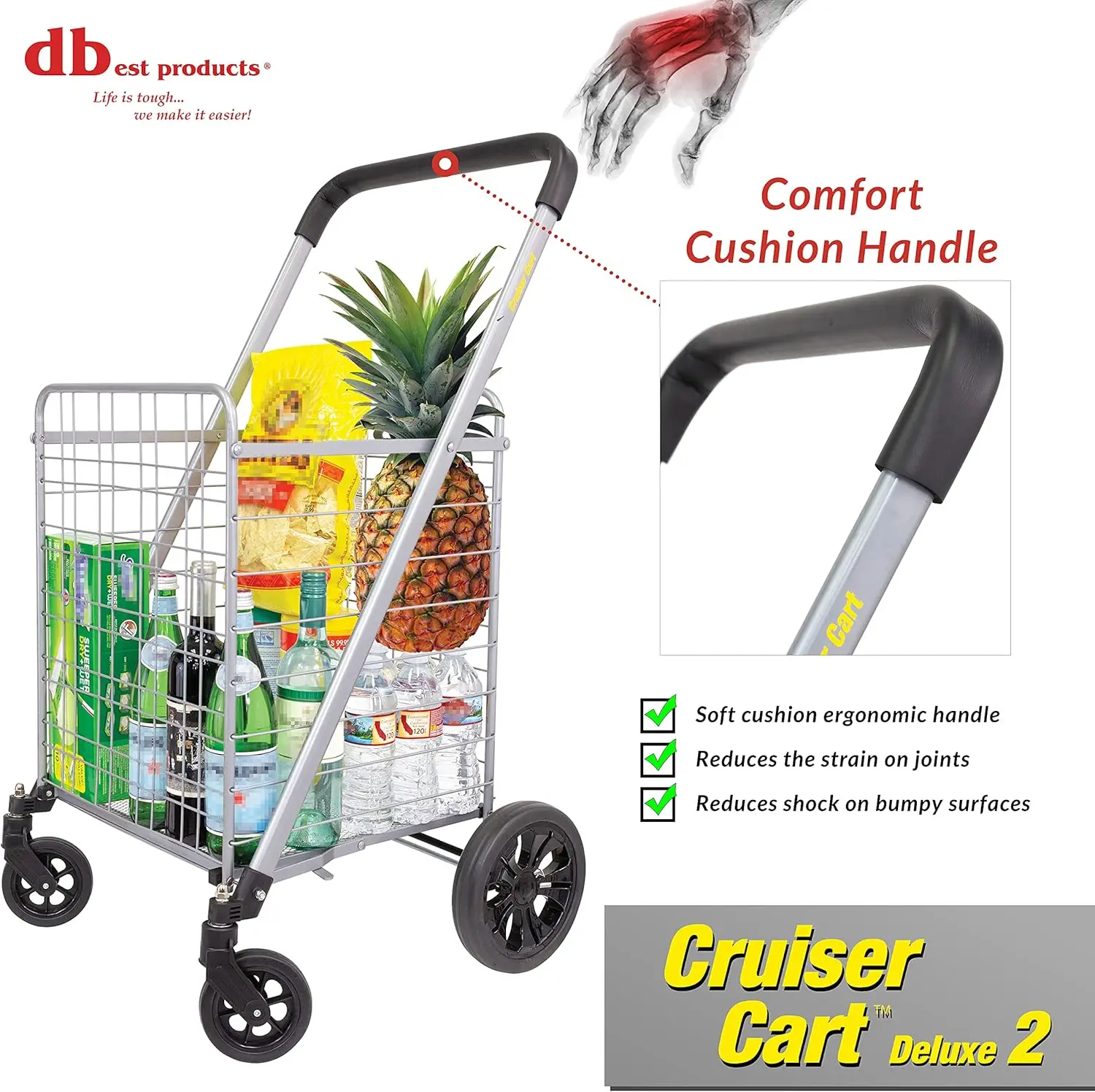 dbest products Cruiser Cart Deluxe 2 Shopping Grocery Rolling Folding Laundry Basket on Wheels Foldable Utility Trolley Compact