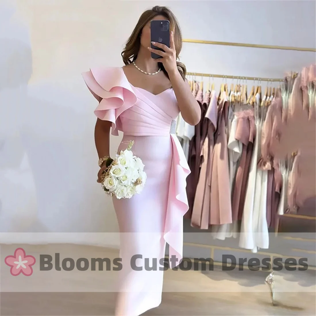 

Blooms Pink Mermaid Prom Dress Women's One Shoulder Ruffle Party Evening Gown Ankle Length Crepe Formal Occasion Dresses 2024