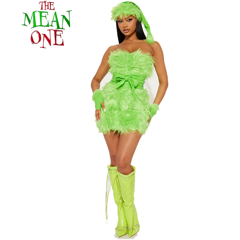 2026 Women Furry Santa Claus New Year Holiday Party Fancy Dress Up Adult Christmas Green Monster Costume