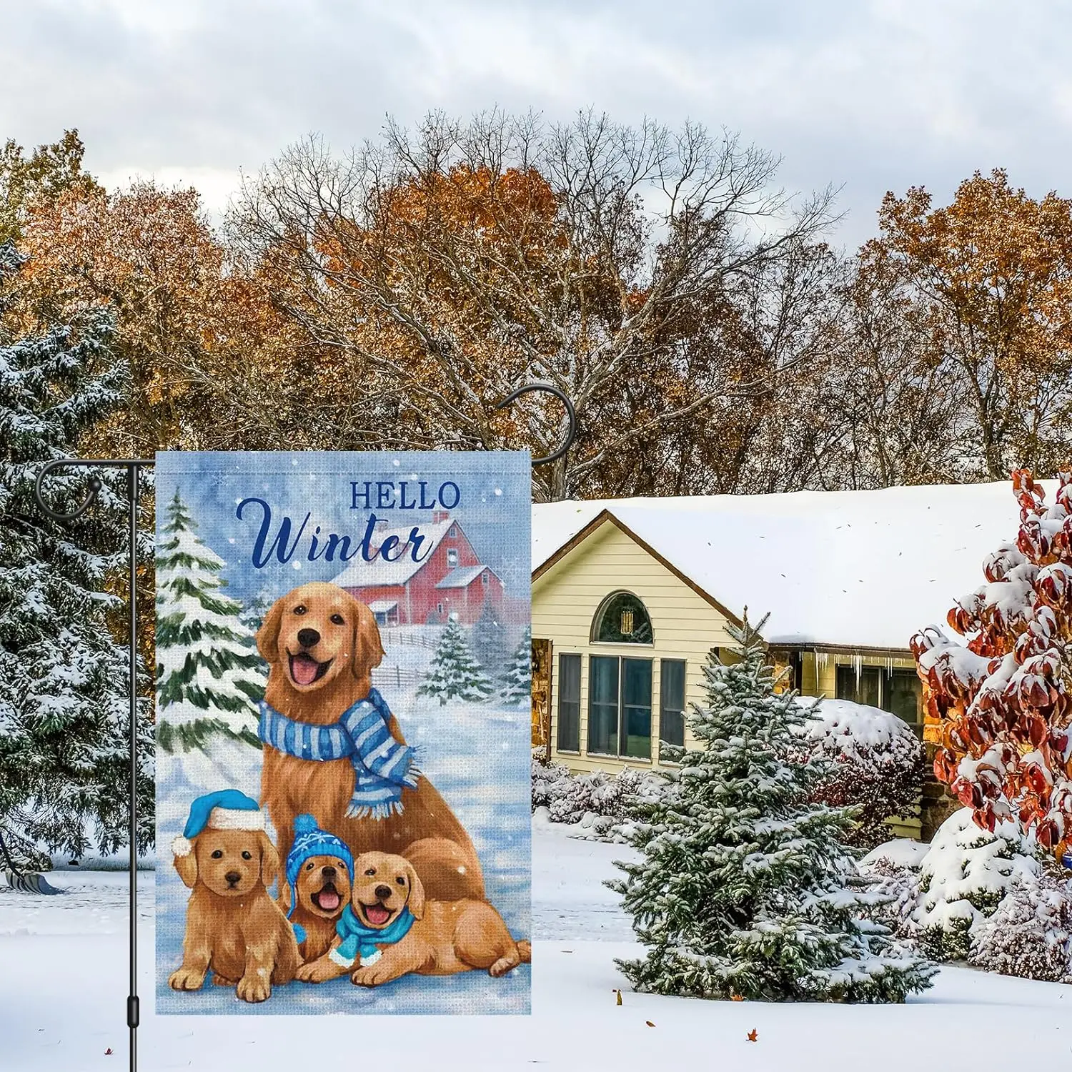 Hello Winter Garden Flag Cute Golden Retriever Dogs Garden Flags 12x18 Double Sided Christmas Tree Yard Flags for Winter Outside