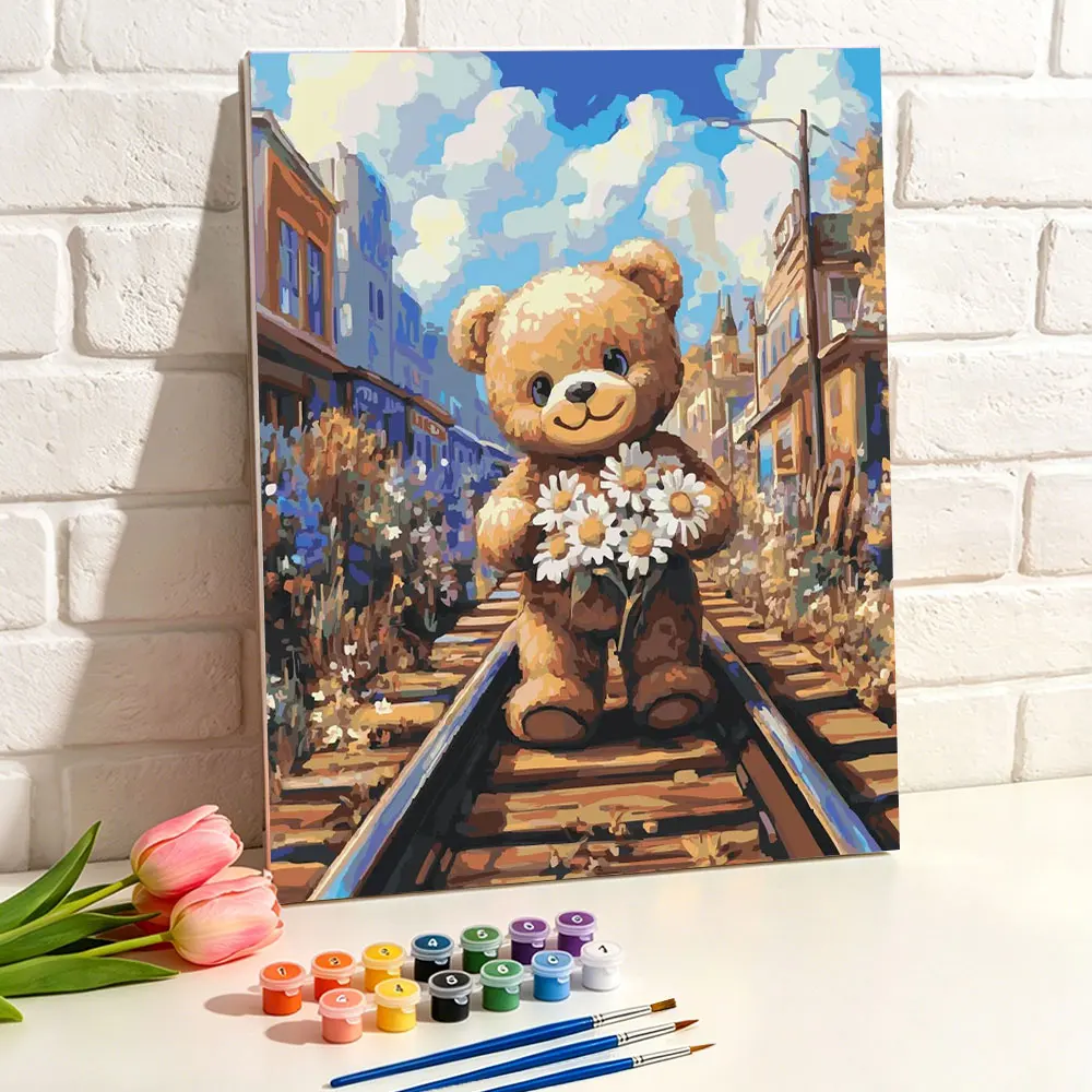 Oil Painting Picture By Number Rail Daisy Teddy Bear Handpainted Kits On Canvas Cartoon Animal Draw Painting For Home Decor Art
