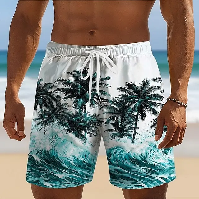 

Men's Tropical Palm Tree & Wave Print Beach Shorts Teal Ocean Graphic Quick Dry Swim Trunks For Summer Vacation Surf Shorts