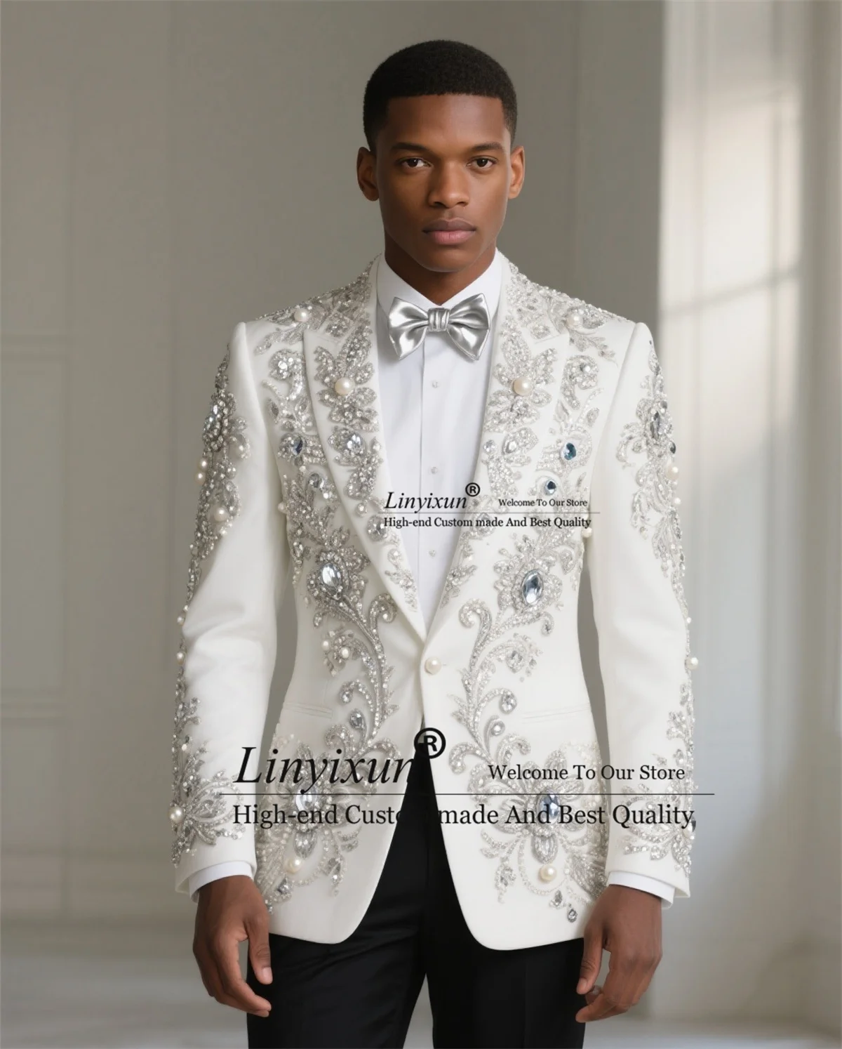 

Formal High End Diamond Crystals Men Suit 2 Pieces Sets Groom Male Blazers Slim Fit Customized Wedding Tuxedos Ropa hombre