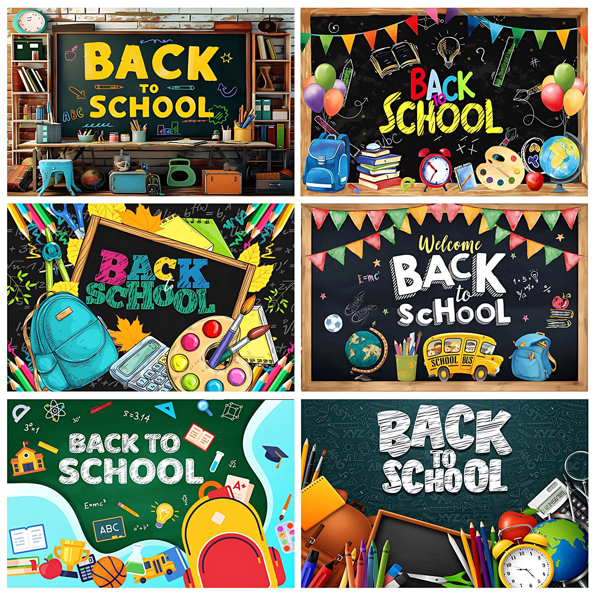 

Welcome Back to School Background Student Children Party Decoration Banner Black Chalkboard Globe Pencil Photography Studio Prop