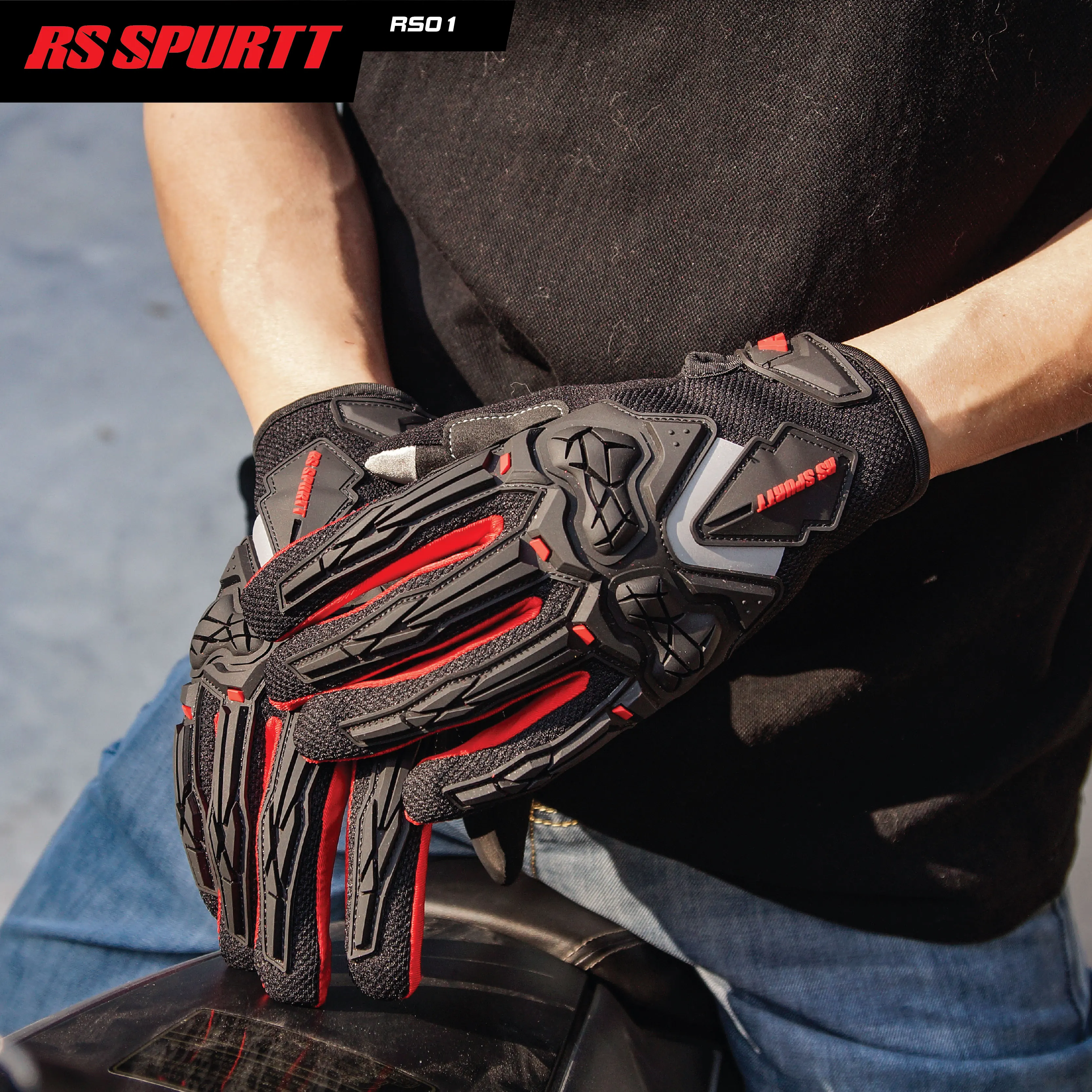 قفازات RS01 الصيفية للدراجات النارية - شبكة مسامية للرجال والنساء كاملة الأصابع ومضادة للانزلاق للحماية من الصدمات لركوب الخيل