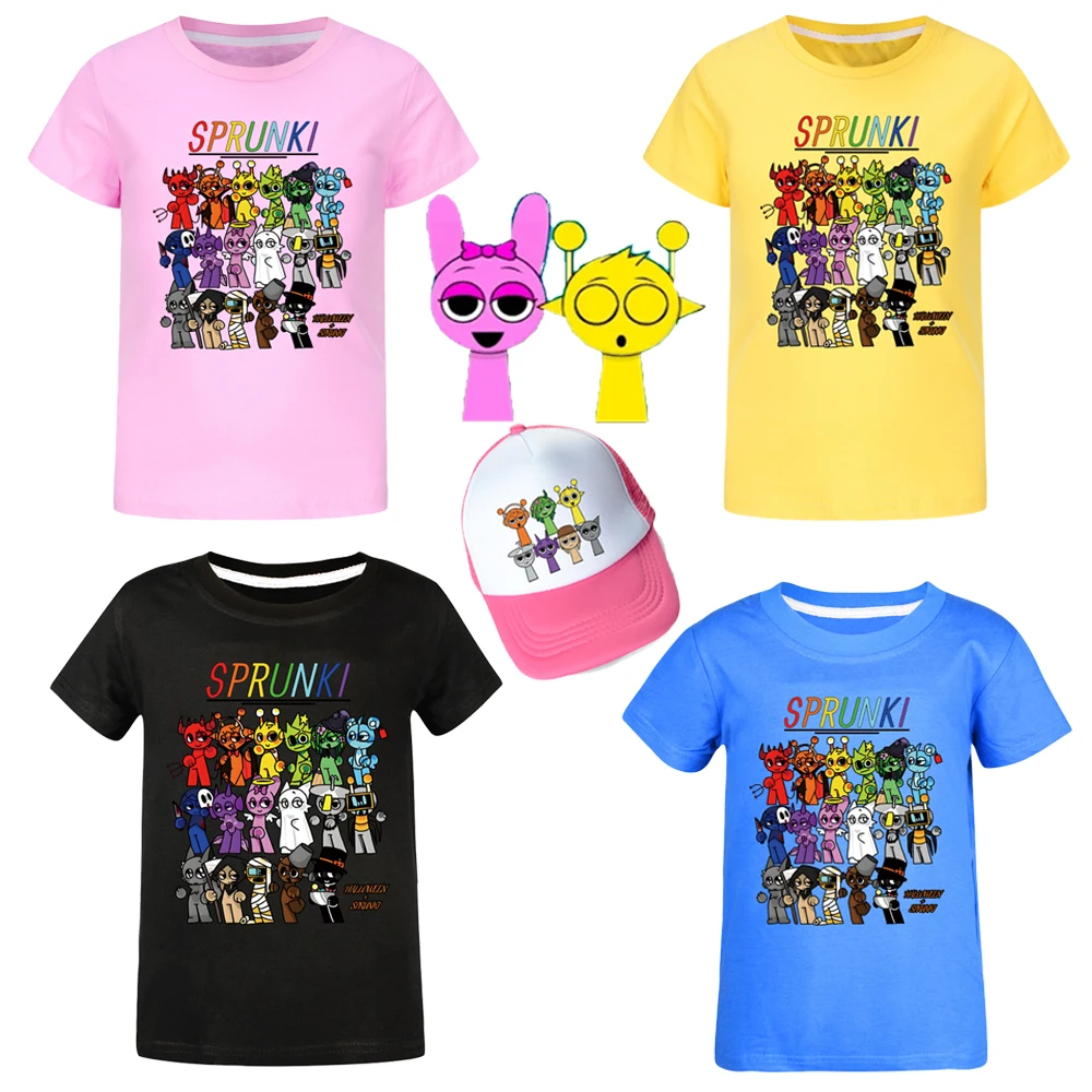 

Sprunki Kids Clothes Cotton Short-sleeved T-shirts and Cap Children Game Sprunki Tees Street Wear Cartoon Boys Girls Summer Tops