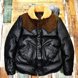 Genuine Leather Down Jacket Wool Collar Short Slim Fit Suede Cowhide Patchwork Casual Fashion Winter Coat Unisex Clothing