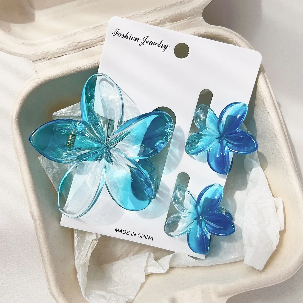 15 Stück glänzende Ombre durchscheinende blaue Frangipani-Blumen-Haarklammern, große und kleine Größe, tägliches Tragen, Pferdeschwanz-Haarspangen-Zubehör – Detail 2