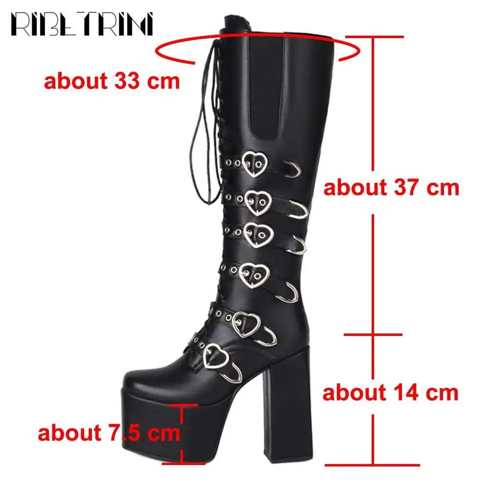 New Punk Goth Women Motorcycle Boots High Heeled Knee High Platform Shoes Heart Buckle Lace Up Luxury Trendy Winter Street Boots