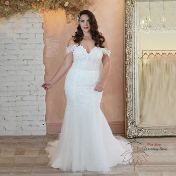 Exquisites Hochzeits kleid für Frauen plus Größe V-Ausschnitt von der Schulter Brautkleid Spitze Applikation Sweep Zug Meerjungfrau Robe de Mariée