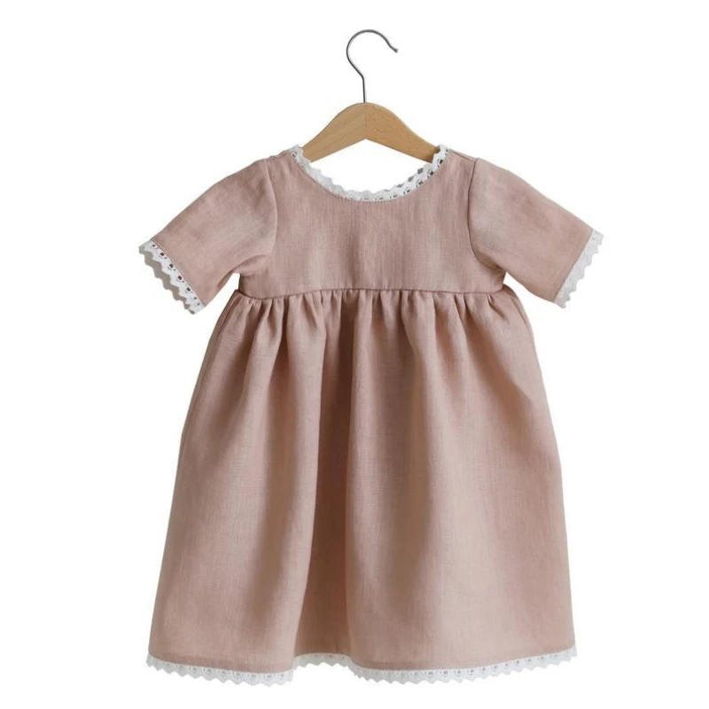 2022 Summer New European Style Baby Girls Lace Dress Short Sleeve Solid Cotton Linen Kids Dress Children Summer Clothes