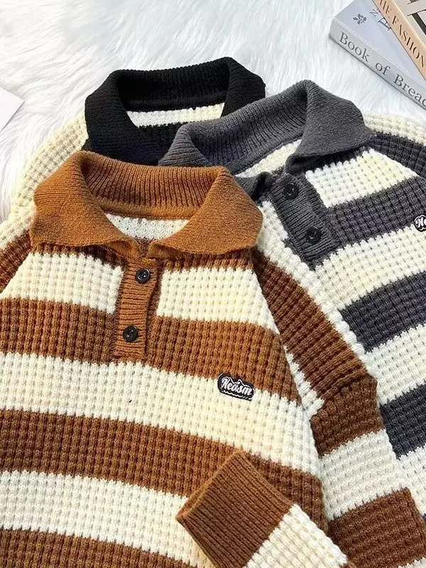 

Trendy Loose Men's Ne Knitwear Stripe Color Blo Deer Velvet Autumn Casual Wear Comfortable Polyester Long Sve irt