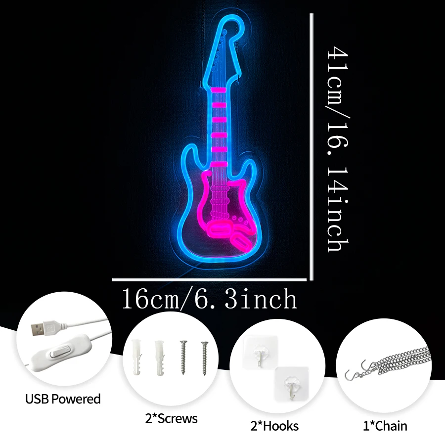 Electric Guitar Neon Sign, USB Powered Multicolor LED Wall Light for Man Cave,  Music Studio, Bar Rock Music Lover Decor Gift