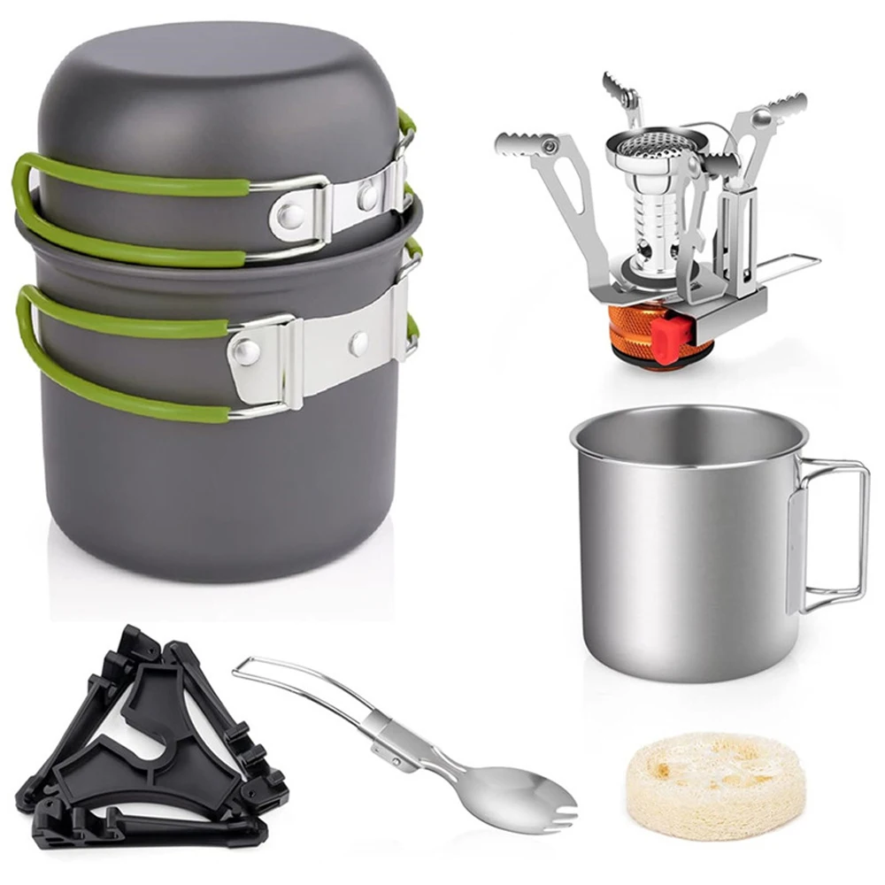 

Camping Cookware Set with Folding Camping Stove Lightweight Pot Pan Set with Stainless Steel Cup & Fork Spoon for Outdoors