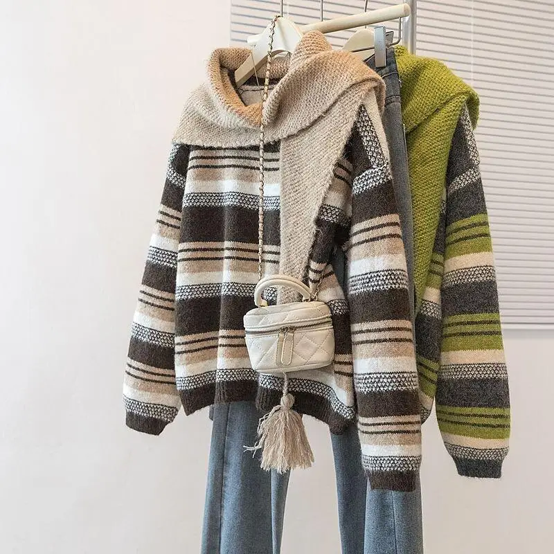 스웨터 니트웨어 여성 투피스 스웨터 스카프 그린 스트라이프 드롭 숄더 여성 봄 가을 겨울 신상 니트 숄 레이어링