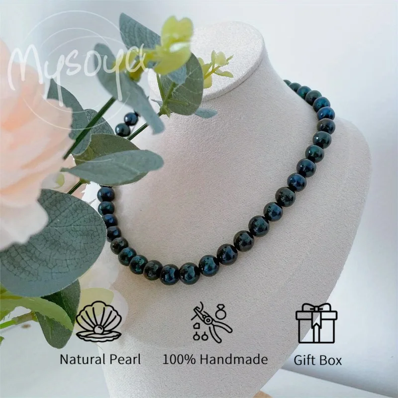 

MYSOYA 10-11mm Black Freshwater Pearl Necklace Gift Box Unisex Jewelry Perfect For Wedding Birthday Christmas New Year