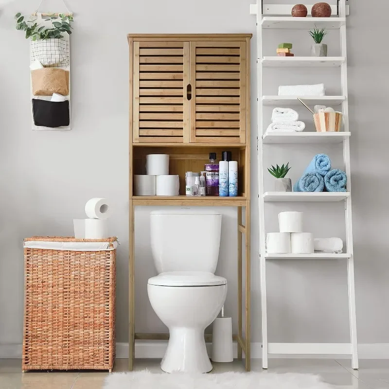 Bathroom Over-The-Toilet Storage Cabinet with Doors and Shelves, Bamboo Over Toilet Organizer, Natural Wood