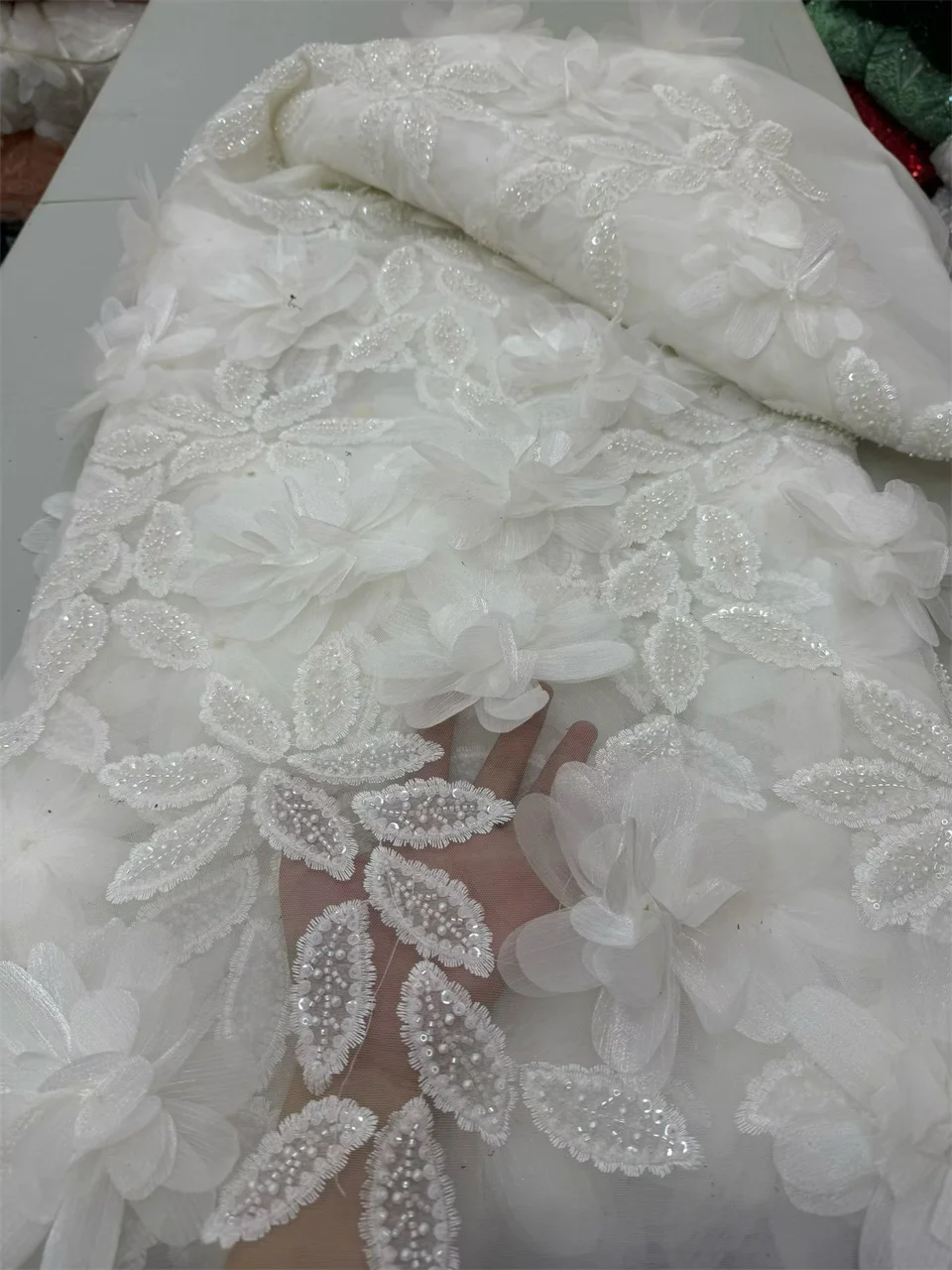 

3D Flowers Hand Embroidered Beaded Sequins Lace Fabric. Veil. Luxurious Applique Wedding Dress NJ6362