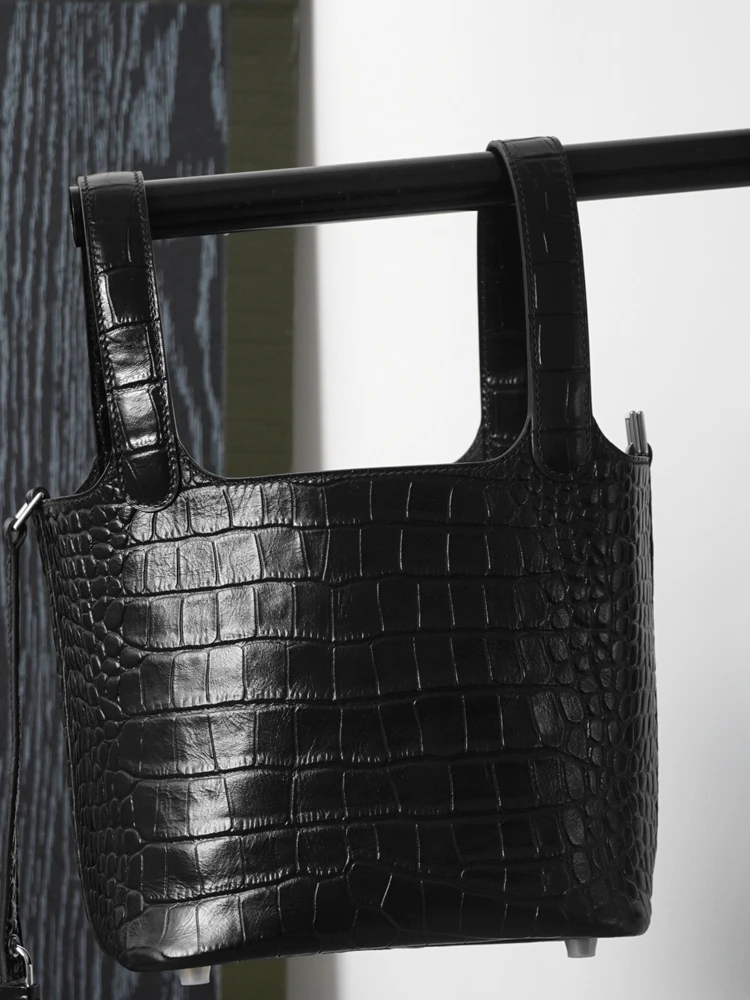 Black Simple Fashion Luxury Crocodile Pattern Bucket Bag Genuine Leather Women Tote Bag\Handbag Real Leather Lady Bag New