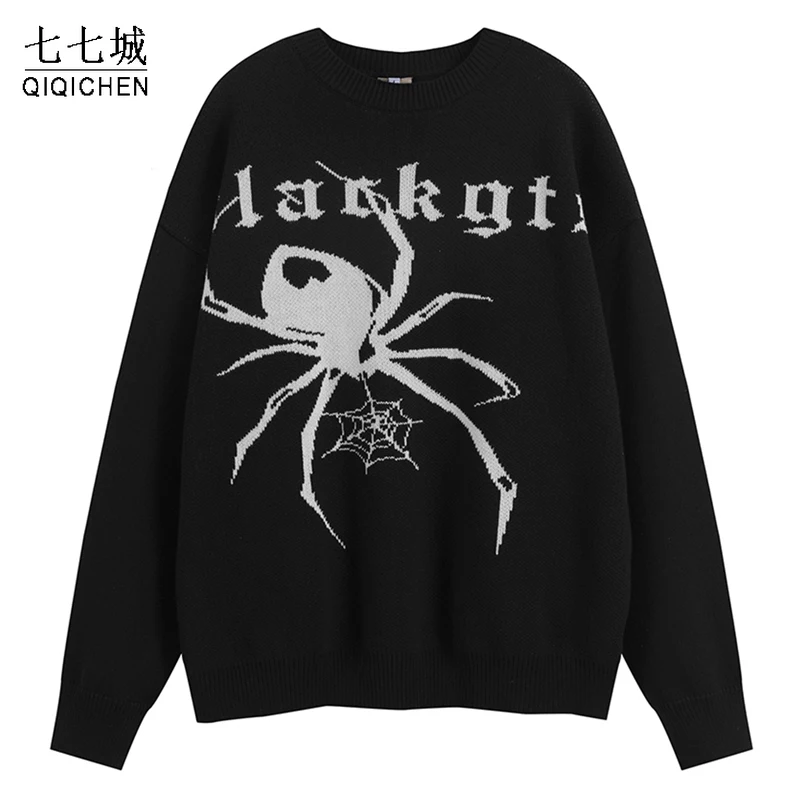 

High Street Sweater Men Spider Graphic Oversized Knitted Pullover Harajuku Casual Loose Sweaters Black Unisex Streetwear Autumn