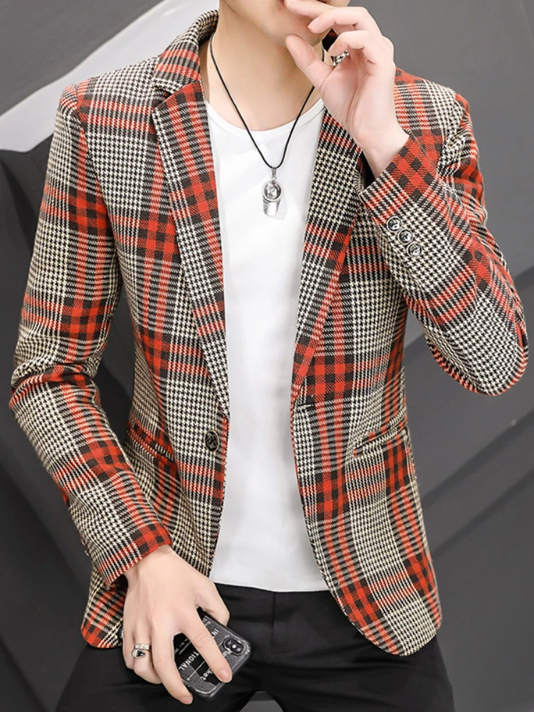 2023 Fashion New Brand Men\'s Blazer Casual Business Plaid Young and Handsome Slim Fit Formal Dress Blazers Jacket Suit Coat 3XL