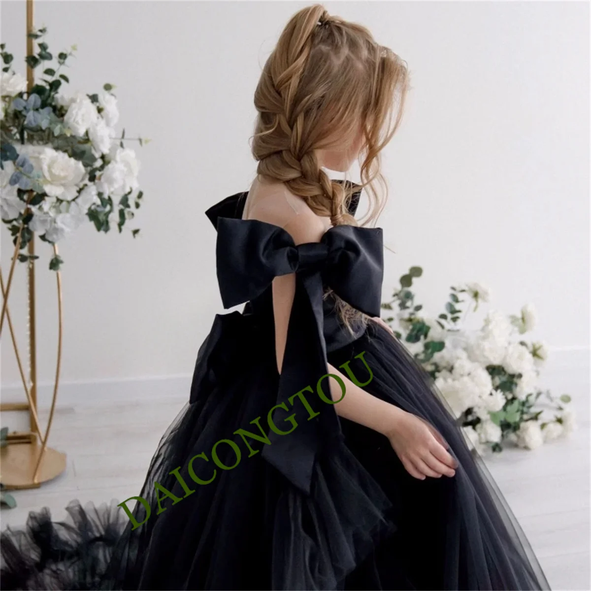 Vestido de menina de flor de tule preto personalizado para casamento com arco manga curta até o chão festa de aniversário infantil vestidos de baile de princesa