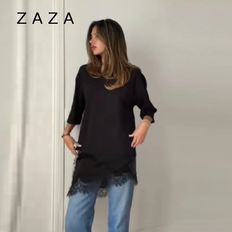 Zaza بلوزة نسائية جديدة من الدانتيل الساتان مقسمة نصف كم رقبة دائرية قميص طويل بحاشية غير منتظمة قطع علوية متينة 2025 ملابس علوية غير رسمية جديدة للسيدات