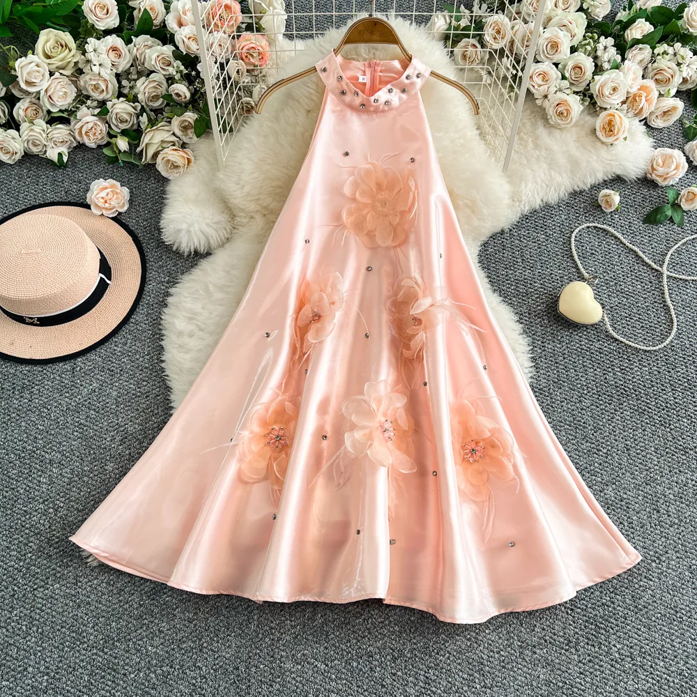 

Pink Sweet Sleeveless Midi Dress Heavy Three-dimensional Flower Halter Neck A-line Dresses Casual Beach Vacation Bohemian Dress