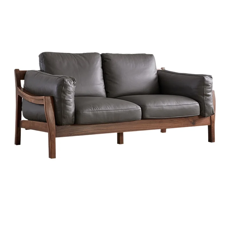 

Black walnut solid wood sofa small apartment Nordic style modern simple living room leather