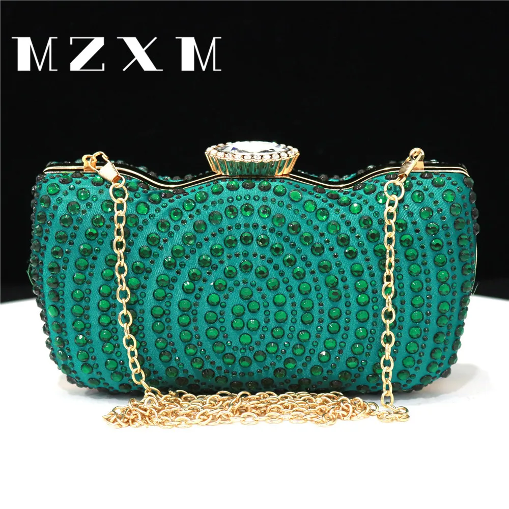 Green Color Bride Handbag Wallet Luxury Wedding Rhinestone Crystal Metal Chain Women's Party Chain Crossbody Bag