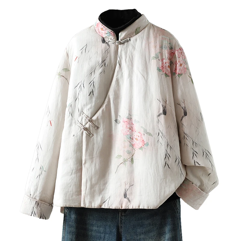 เสื้อโค้ทผ้าฝ้ายสไตล์เรโทร น้ำหนักเบา พิมพ์ลาย คอตั้ง ติดกระดุม ให้ความอบอุ่นสำหรับฤดูหนาว ทรงหลวมสำหรับผู้หญิง แขนยาว