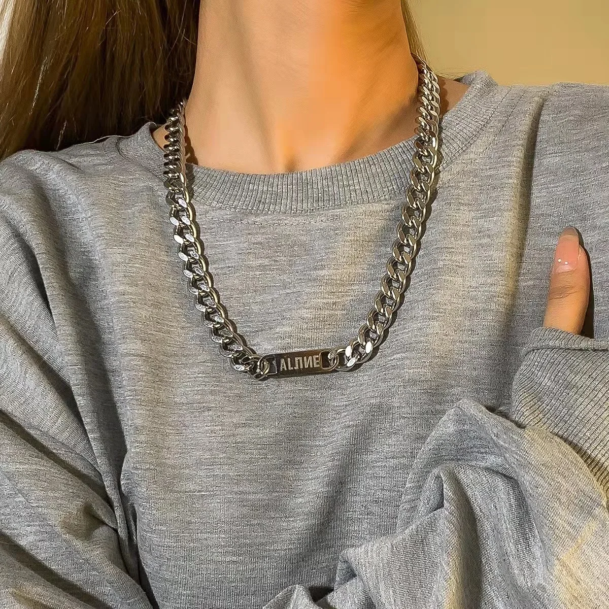 Alphabet Titanium Steel Thick Chain Necklace Street Style Hip-Hop Cuban Chain Men's Stainless Steel Minimalist  Accessories